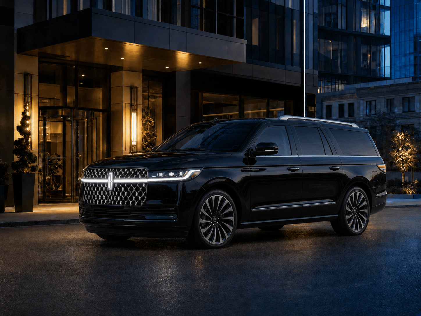 Current-generation black Lincoln Navigator outside an executive hotel