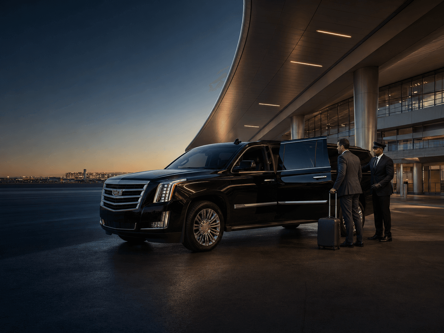 Professional airport chauffeur assisting a traveler beside a black Cadillac Escalade