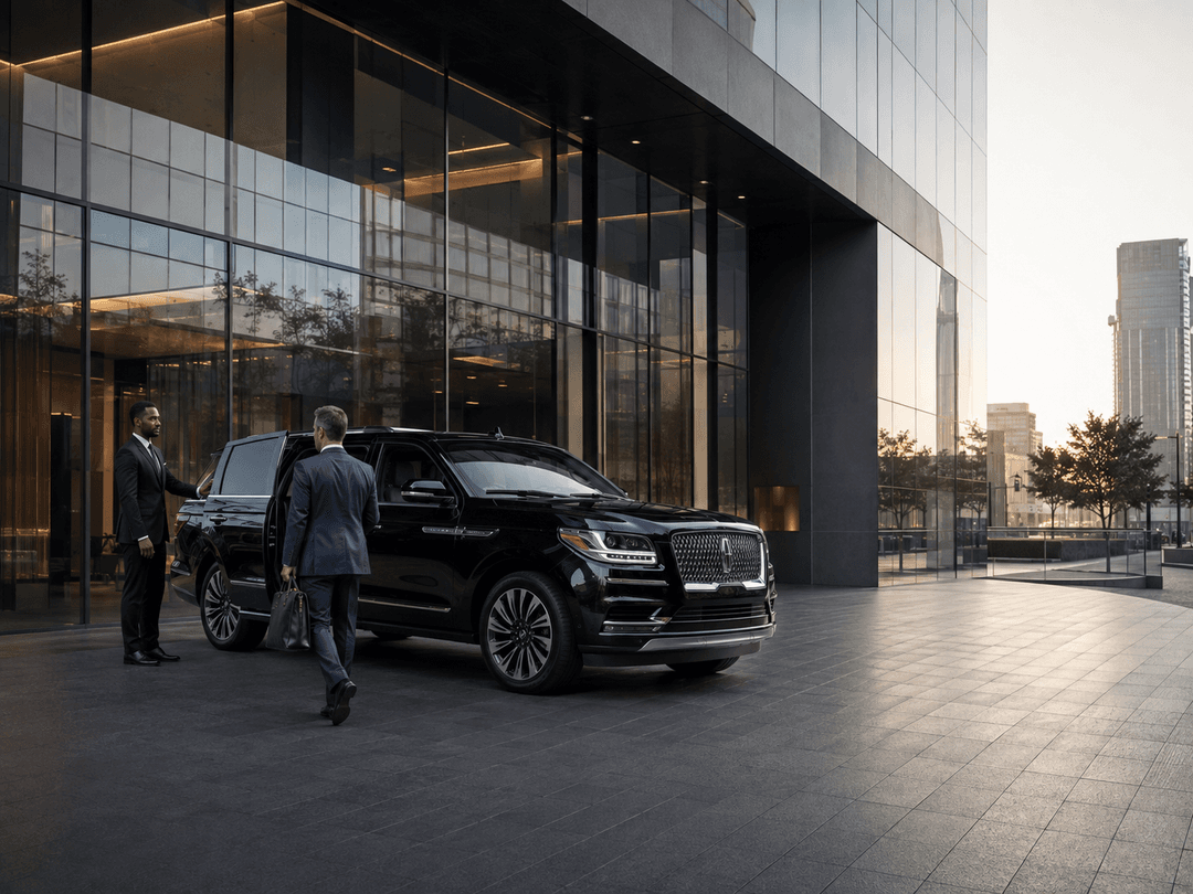 Corporate passenger approaching a chauffeur-driven black Lincoln Navigator
