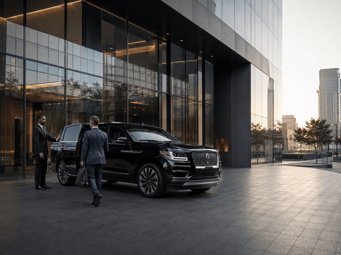 Corporate passenger approaching a chauffeur-driven black Lincoln Navigator
