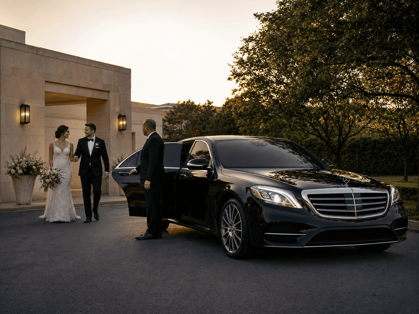Newly married couple approaching a chauffeur-driven black Mercedes-Benz sedan