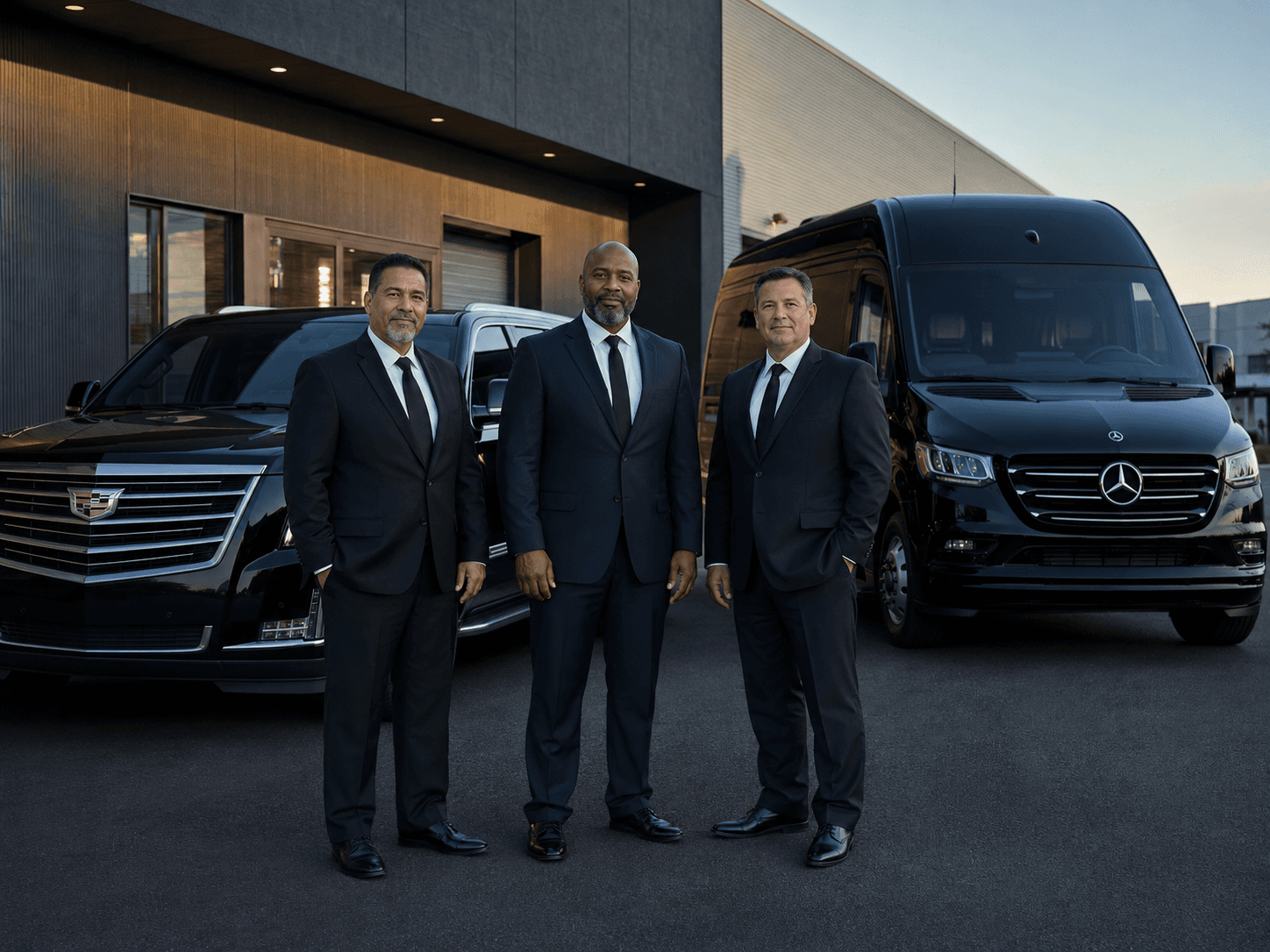 Three professional Jason Transport chauffeurs standing beside executive vehicles