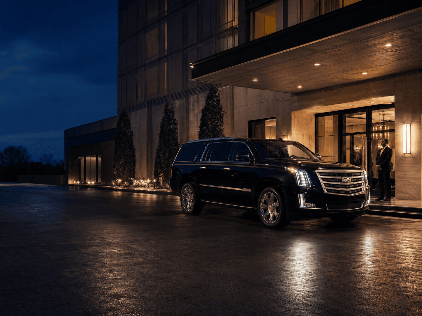Black Cadillac Escalade arriving at a premium hotel entrance
